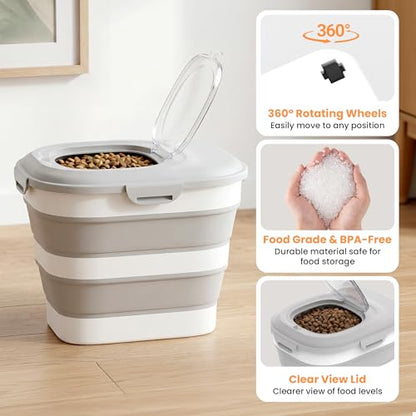 30 Lbs Dog Food Storage Container with Wheels, Collapsible Pet Food Storage Container with Clear Window, Measuring Cup & Scoop, BPA Free Cat Food Container for Rice, Flour, Grain, Bird Seed - color: Grey/30lbs
