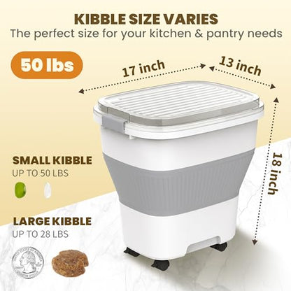 HOYTAMDAR 20-50Lbs Rice Container,Collapsible Food Storage Containers with Airtight Clear Lid,Wheels,Rice Storage Container with Small Bin and Scoop,Rice Dispenser for Flour Sugar Cereal Grain Dog Cat - color: Grey/20-50lbs