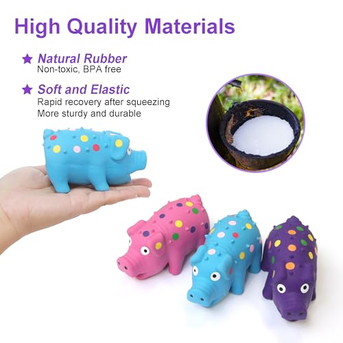 Squeaky Pig Dog Toys 3-Pack, Interactive Latex Piggy Chew Toys Set with Squeak Sounds for Teething Puppy, Small, Medium Dogs (Blue+Pink+Purple)