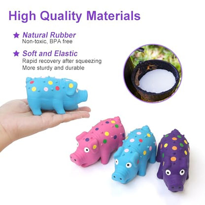 Squeaky Pig Dog Toys 3-Pack, Interactive Latex Piggy Chew Toys Set with Squeak Sounds for Teething Puppy, Small, Medium Dogs (Blue+Pink+Purple)