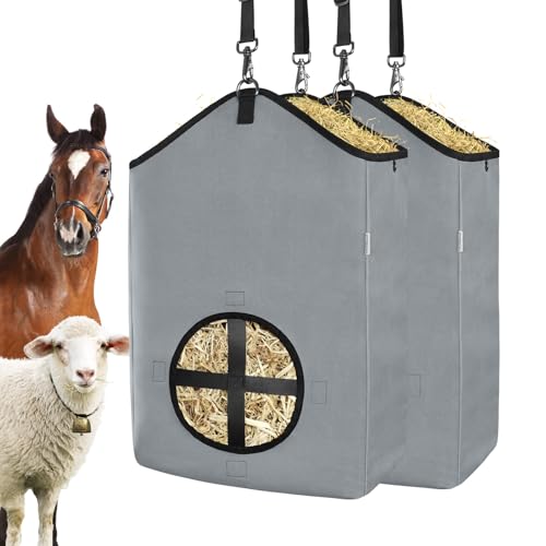 Hay Bags,Slow Feed Hay Bags for Horses,Goats,Donkeys with Reinforced Oxford Fabric and High Strength Metal Clasp,Horse Feeding Supplies with Strap for Easy Hanging (2 Grey) - color: 2 Grey