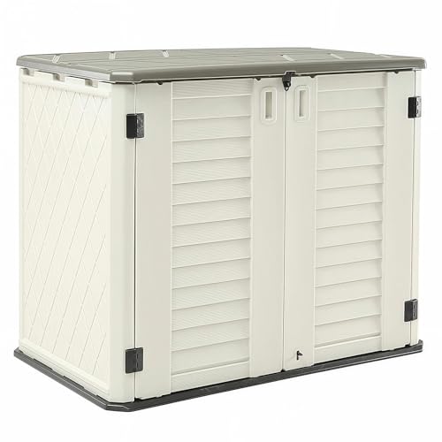 HOMSPARK Storage Shed Weather Resistance, Multi-Purpose Outdoor Storage Cabinet for Backyards and Patios, 26 Cu.ft Capacity Horizontal Storage Shed for Bike, Lawnmower, Trash Cans, Patio Accessories - color: Off-White