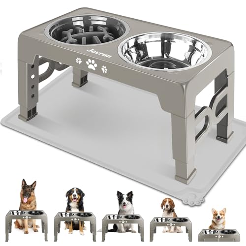 Jovrun Elevated Dog Bowls for Medium Large Dogs with Mat, Non-Slip Dog Feeder with 1*Stainless Steel Dishes & 1*Slow Feeder Bowl, 5 Heights Adjustable Raised Bowls for 3.15″-8.66″-9.84″-11.02″-12.2″ - color: Light Borwn Grey, size: for Medium Large Dogs 1