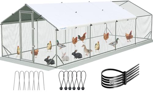 Quictent Large Metal Chicken Coop Run for 45+ Poultry with Side Hardware Cloth & Waterproof Cover, Advanced Series Outdoor Walk-in Cage Hen Duck Rabbit Dog Pen Yard Farm House, 24x9x6.6FT - color: White, size: 287.4"L x 107.3"W x 78.0"H