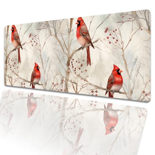 Red Cardinal Gaming Mouse Pad 31.5x11.8in,Cute Bird Retro Large Extended Desk Mat with Non-Slip Rubber Base,Vintage Big Mousepad for Laptop Computer PC,for Office Home Decor,Deskmat Gifts - color: Red Cardinal 02