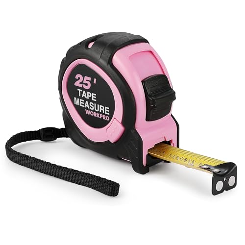 WORKPRO 25-FT Tape Measure with Fractions, 3 Brakes Retractable Measuring Tape, Compact Measurement Tape with Magnetic Hook, Nylon Coating Blade Accuracy 1/32”, Pink - style: 25-FT