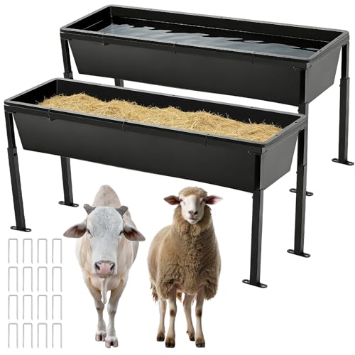 Geelin 2 Pack 38.6 Long Livestock Feeding Trough, 11 Gal Water & 66 Lbs Feed Capacity Livestock Water Trough with Adjustable Stand, Large Capacity Farm Animal Feeder for Horses, Goats, Sheep, Cattle