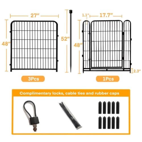 Getlay Garden Fence with Gate 48 in(H)×27 in(L) 4 Panels, Heavy Duty Iron Animal Barrier Fence, Rabbit Fence for Garden, Suitable for Indoor Pet Or Outdoor Dog Fencing, Total 8.9 Ft(L), Black - size: 48''(H)-4panels-8.9ft(L)