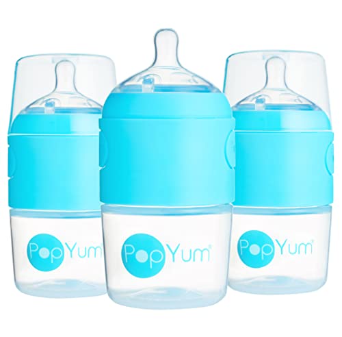 PopYum 5 oz Blue Anti-Colic Formula Making Baby Bottles, 3-Pack | #1 Slow Flow Nipples, 150 ml, BPA-Free, Natural Latch, Mixing Dispenser - color: Blue, size: 5 Ounce (Pack of 3)