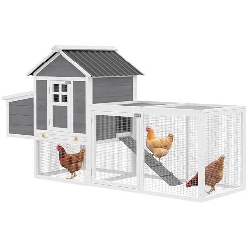 PawHut 82" Wooden Chicken Coop, Large Outdoor Hen House Poultry Hutch for 2-3 Hens, Chicken House with Nesting Box, Pull-on Tray, Waterproof Roof, Ramp and Roosting Bars for Backyard, Gray