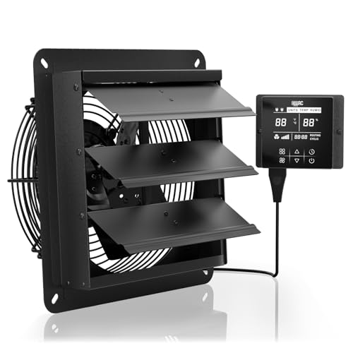 10 Inch Shutter Exhaust Fan, 576 CFM Wall Mounted Attic Fan with Temperature Humidity Controller, Automatic Shutter, Ventilation and Cooling for Greenhouse, Garage, Studios, Workshops - size: 10 Inch