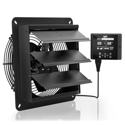 10 Inch Shutter Exhaust Fan, 576 CFM Wall Mounted Attic Fan with Temperature Humidity Controller, Automatic Shutter, Ventilation and Cooling for Greenhouse, Garage, Studios, Workshops - size: 10 Inch