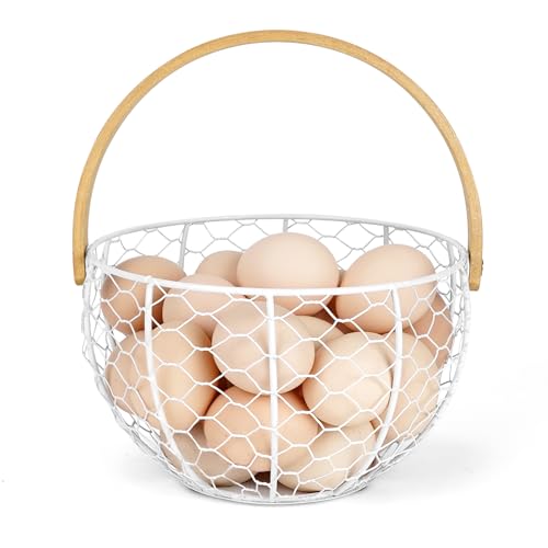 Wire Egg Basket for Gathering Fresh Egg Collecting Basket With Handle, Large Capacity Egg Holder Countertop, Metal Vintage Chicken Egg Basket for Farmhouse Kitchen Counter Decor Fruit Storage (White) - color: White