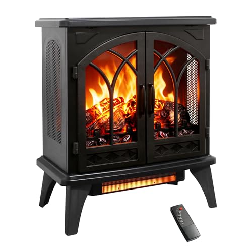 24" Electric Fireplace, Freestanding Fireplace Heater w/Realistic Flame, Remote, Timer, Adjustable Brightness, Thermostat, Overheating Protection, 1500W, Black - size: 24" (Dynamic Flames)