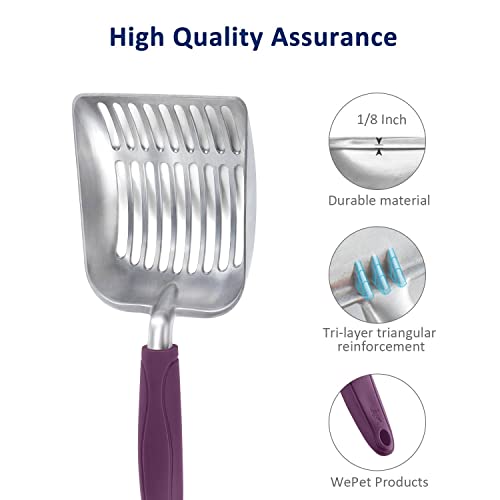 WePet Cat Litter Scoop, Aluminum Alloy Sifter, Kitty Metal Scooper, Deep Shovel, Long Handle, Poop Sifting, Kitten Pooper Lifter, Durable, Heavy Duty, for Litter Box - color: FLAT Aluminum \ #07 Violet Handle, size: Small