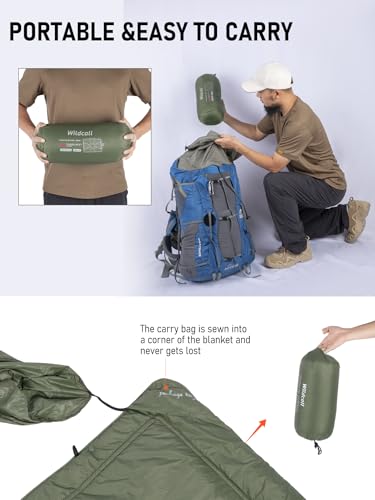 WildCall Hooded Camping Blanket with 3M Thinsulate Insulation Wearable Poncho Blanket Ultralight Foldable Quilt Sleeping Bag for Outdoor, Hiking, Stadium - color: Green