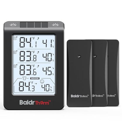 BaldrTherm Indoor Outdoor Thermometer Wireless, Temperature Humidity Monitor with 3 Remote Sensors, 4.8" Digital Display 330ft Range Real-Time Alerts Smart Backlight Hygrometer Thermometer, Black