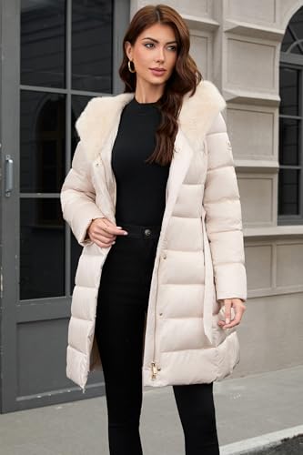 PAPILLON D'OR WEAR YOUR WINGS Women's Long Puffer Coat with Belt, Hood & Furry Lining - Knee-Length Winter Jacket - color: Pink-beige, size: X-Large