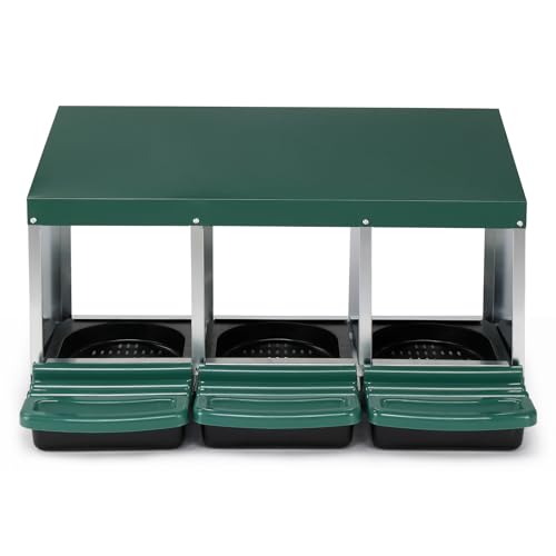 Chicken Nesting Boxes, Roll Away Nest Boxes for Chickens, 3 Compartment Roll Out Chicken Nesting Boxes, Plastic Nesting Box for Chicken Coop with Perch & Eggs Protected Collection Area,Green