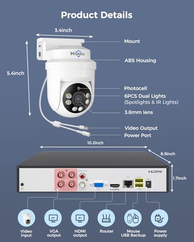 Hiseeu 360°View PTZ Wired Security Camera System,4ch 5MP DVR,2PCS Cameras | Smart Color Night Vision,Audio,Person/Vehicle Detection,500G HDD,Home CCTV Camera System - color: White 2 CH