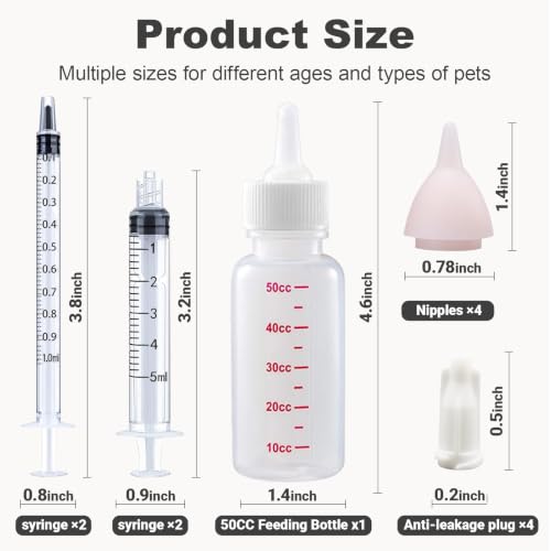 Pet Feeding Kit, Kitten Bottle Feeding Kit, Newborn Kitten Supplies, for Feeding Newborn Puppies, Kitten, Squirrel, Rabbit, Hamster, with 4 * Silicone Nipples,1 * Milk Bottles