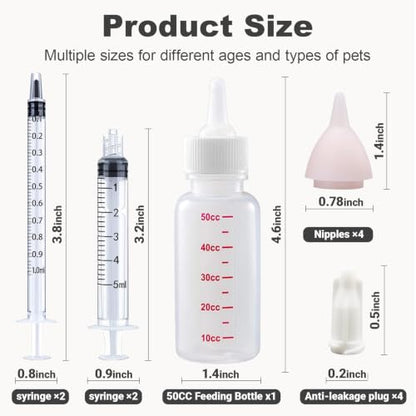 Pet Feeding Kit, Kitten Bottle Feeding Kit, Newborn Kitten Supplies, for Feeding Newborn Puppies, Kitten, Squirrel, Rabbit, Hamster, with 4 * Silicone Nipples,1 * Milk Bottles
