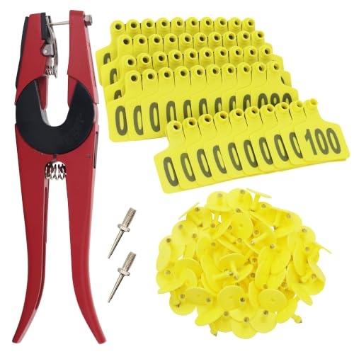 Cattle Ear Tags Numbered 001-100 with Pliers, Plastic Livestock Animal Ear Tag for Cows Goats Sheep Pigs (Yellow) - color: Yellow