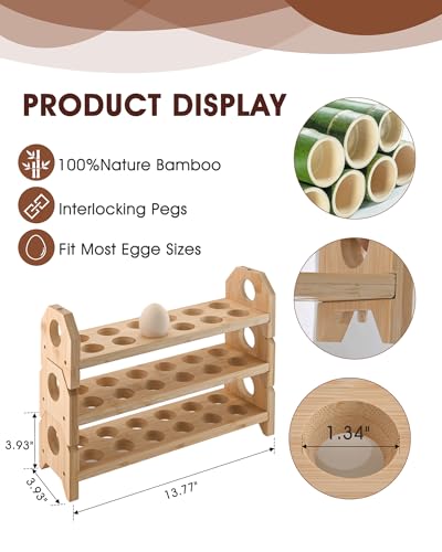 Bamboo Egg Holder Countertop with Silicone Egg Cleaner, 2-Tier Egg Holder for 24 Eggs, Stackable Design for Fresh Eggs, Farmhouse Egg Tray Storage Display Rack，Fits Quail, Duck, Chicken Eggs - color: 2-Tier with egg washer