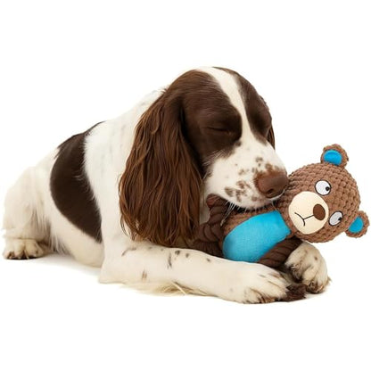 Plush Bear Dog Toy with Rope Arms, Squeaky Interactive Pet Toy, Brown and Blue, for Small & Medium Dogs - color: Brown