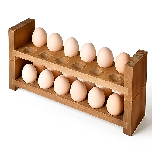 Sishynio Double Layer Egg Tray Holder Countertop - Wooden Fresh Egg Rack Stackable Storage Basket, 2 Tier Egg Organizer for Farmhouse Kitchen Refrigerator - style: 2 tier pine egg tray