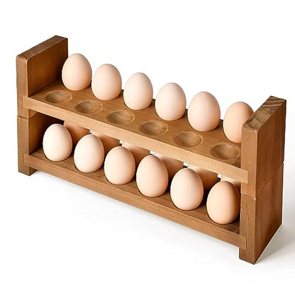 Sishynio Double Layer Egg Tray Holder Countertop - Wooden Fresh Egg Rack Stackable Storage Basket, 2 Tier Egg Organizer for Farmhouse Kitchen Refrigerator - style: 2 tier pine egg tray