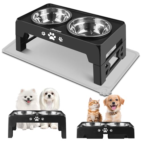 Jovrun Elevated Dog Bowls for Small Dogs and Cats with Mat, Non-Slip Cat Bowls with 2 Thick 5.5" Stainless Steel Dishes, Dog Feeder 2 Heights Adjustable to 2.6"-5.3" - color: Black, size: for Small Dogs 2 Basic Bowls with Mat