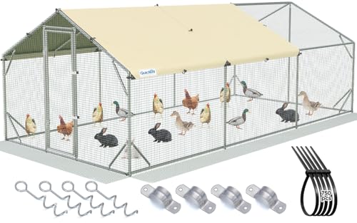 Quictent 18x9x6.6ft Metal Chicken Coop Run with Side Hardware Cloth, Elite Series Large Walk-in Outdoor Poultry Cage Heavy Duty Predator Proof Hen Duck Rabbit Farm Pen House, Waterproof Anti-UV Cover - color: Beige, size: 216.6"L x 108.3"W x 78.8"H