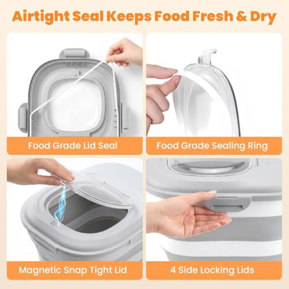 30 Lbs Dog Food Storage Container with Wheels, Collapsible Pet Food Storage Container with Clear Window, Measuring Cup & Scoop, BPA Free Cat Food Container for Rice, Flour, Grain, Bird Seed - color: Grey/30lbs