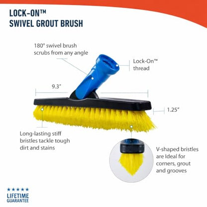 Unger Professional Lock-On Multi-Angle Wash Brush, Grout Brush and EZ Extend Pro Telescopic Pole for Outdoor Cleaning, Adjustable 5 FT Pole Extends Reach