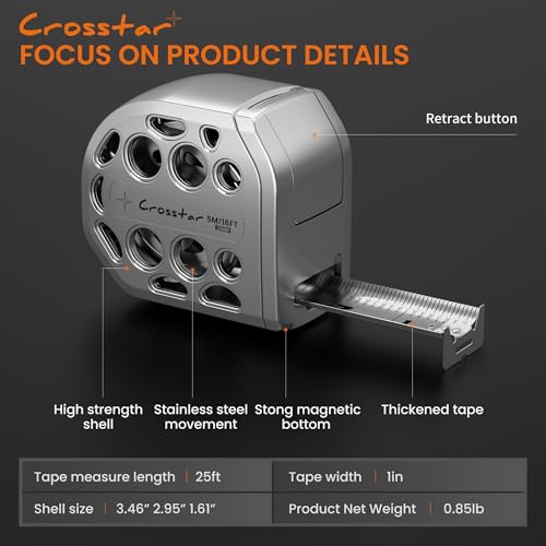 Crosstar 25FT Magnetic Self-Locking Stainless Steel Tape Measure, Double-Sided Scale, Waterproof & Rustproof Retractable Measuring Tape with Hollow Design for Home, Industrial, Woodworking - size: 7.6 m