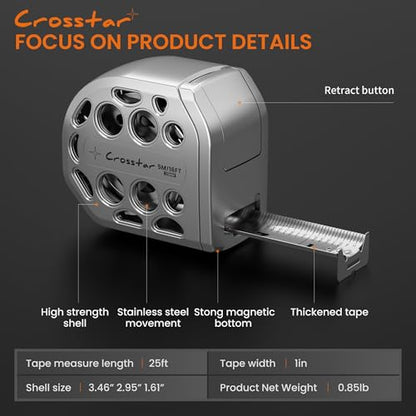 Crosstar 25FT Magnetic Self-Locking Stainless Steel Tape Measure, Double-Sided Scale, Waterproof & Rustproof Retractable Measuring Tape with Hollow Design for Home, Industrial, Woodworking - size: 7.6 m