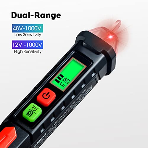 WGGE AC Voltage Tester/Non-Contact Voltage Tester with Dual Range AC 12V-1000V/48V-1000V, Electrical Pen with LCD Display and Flashlight Buzzer Alarm, Detect Wire Breakpoint, Live/Null Wire Tester.