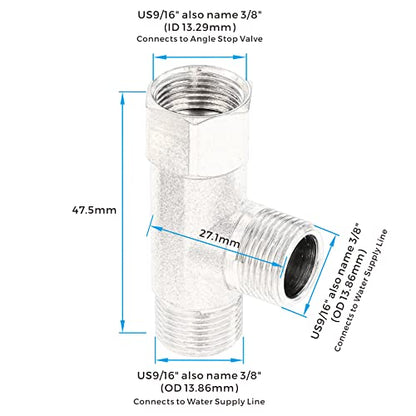 Bass 3/8 Compression Tee Valve Adapter - 3 Way, 3/8'' Inlet/Outlet, Angle Stop Valve, Add-A-Tee Connector, 2 PCS