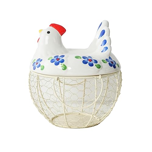 Decorative Egg Basket for Counter,Ceramic Chicken Lid with Wire Basket, Holds 20-25 Eggs - color: blue with white basket