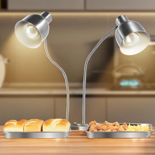 VEVOR Food Heat Lamp, 500W Electric Commercial Food Warmer Light, 2-Head Stainless Steel French Fry Heating Lamp with 3 Bulbs, Catering Food Warming Equipment for Kitchen, Buffet, Restaurant, Silver - style: Tabletop