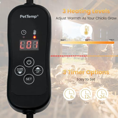 Smart Chick Brooder Heater with Digital Temp & Timer, Adjustable Height & Angle, Radiant Chicken Coop Heater for Winter, Rapid-Heating Plate for Ducklings, Quail, 35W, 13"x8" for 15 Chicks