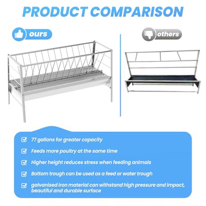 5 FT Galvanized Goat Feeder, 90 Gallon 2-in-1 Hay Rack & Grain Trough Combo, Heavy Duty Rust-Resistant Livestock Feeder for Sheep, Barn & Pasture