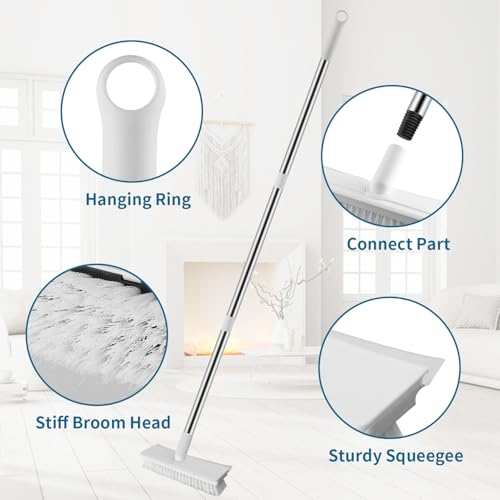 Floor Scrub Brush with Long Handle, 2 in 1 Scrape Brush Stiff Bristle Floor Scrubber for Cleaning Shower Bathroom Garage Kitchen Wall Deck Tub Tile, White