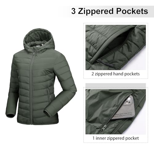 Outdoor Ventures Women's Packable Lightweight Full-Zip Puffer Jacket with Hood Quilted Winter Coat - color: Army Green(fold in Pocket), size: X-Large