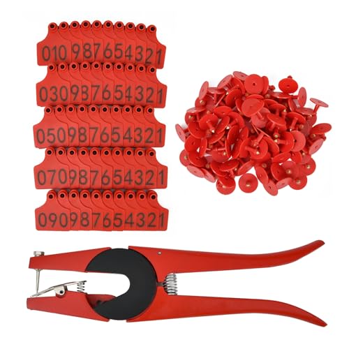 100 Numbered Cattle Ear Tags Large Animal Identification Tags TPU Livestock Ear Tag for Cattle Cow Horse Hog Pig Goat Sheep Applicator Kit (001-100 Red)