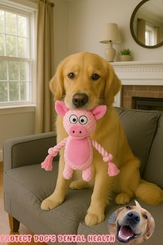 Cotton Rope Squeaky Dog Toy with Crinkle Paper – Interactive Plush Chew Toy for Small & Medium Puppies, Pig Design - color: Pink