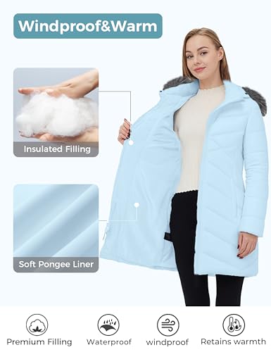ZSHOW Women's Long Winter Coat Waterproof Warm Quilted Puffer Jacket with Faux Fur Hood - color: Light Blue, size: X-Large