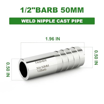 TAISHER 5PCS 304 Stainless Steel Pipe Fittings, 1/2" Barb, 2" Length Weld Nipple Cast Pipe - size: 1/2" Barb(2" Length)