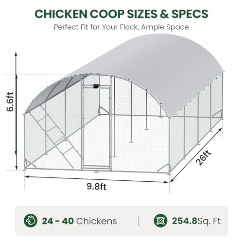 CHIKENCOOP 26x6.5x6.6ft Metal Chicken Coop, Full-Cover 4-Room Chicken Run | Four-room walk-in chicken run with full-top waterproof UV-resistant cover, solar light, support brackets, and rear poles - size: 319.0"L x 118.0"W x 78.0"H